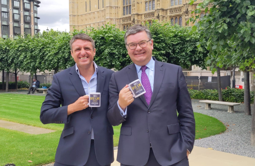 Iain and Ben with mugs in parliament